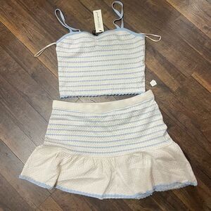 Freshman White and Light Blue Textured Stripe Crop Top & Skirt Set